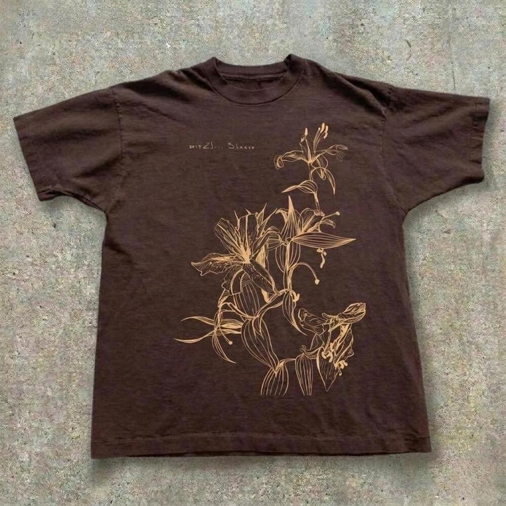 Brown Floral Graphic Tee With Gold Accents